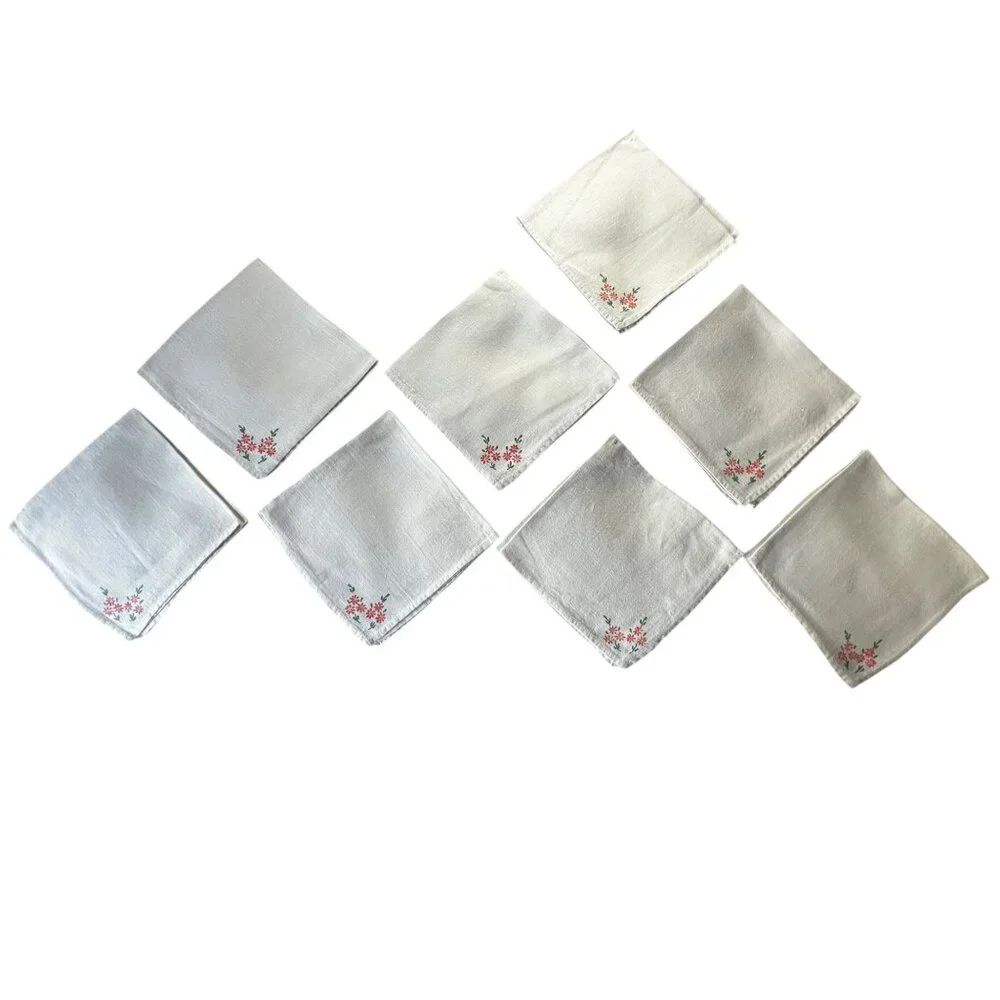 Set Of 8 Cream Cotton Linen Blend Hand-Painted Floral Napkins